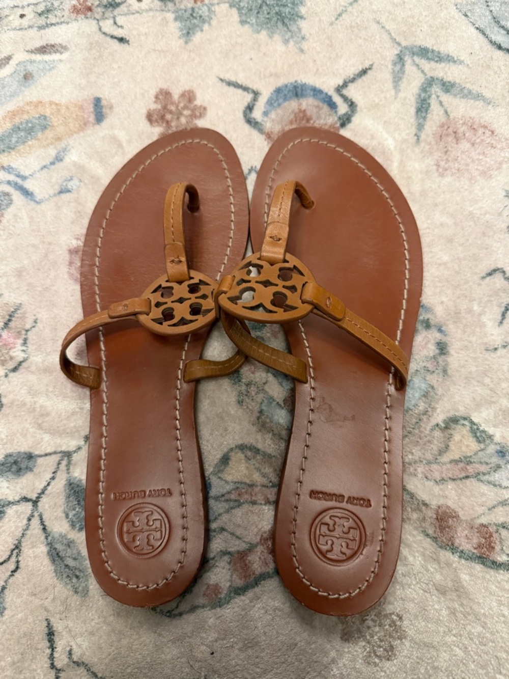 Tory Burch Mini Miller Tan Leather Logo Thong Sandals